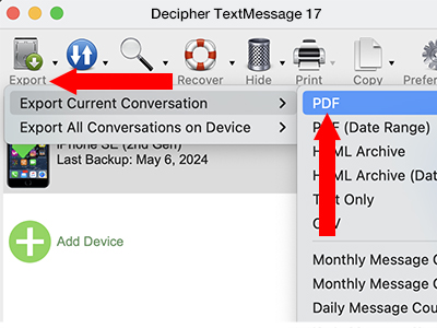 Choose Export to save iPhone text messages to PDF. 